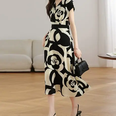 首尚格释2025夏季新品高贵时尚优雅气质印花遮肚端庄大气连衣裙女商品大图
