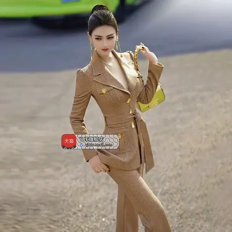 VJE冬季小香风职业西装套装女新款修身外套高腰喇叭裤两件套图片