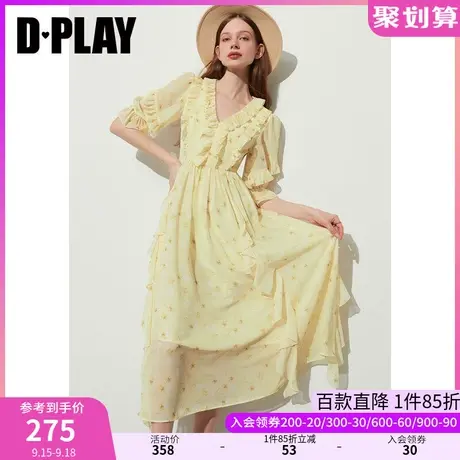 DPLAY2023夏温柔度假风V领拼接荷叶边黄调雏菊印花仙女裙沙滩裙商品大图