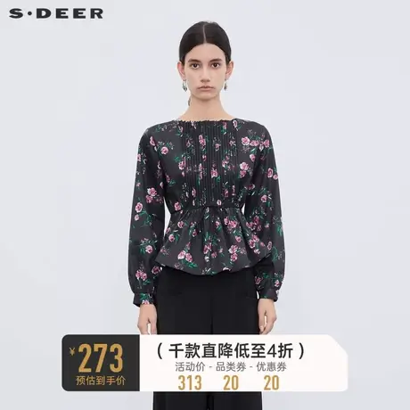 sdeer圣迪奥女装圆领风琴褶收腰碎花长袖衬衫S233Z0576🚉商品大图