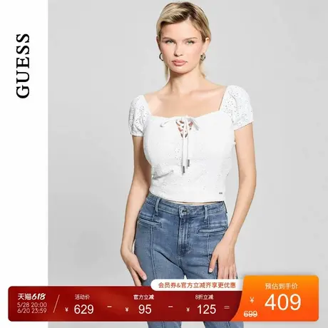 GUESS25年新款夏季女士时尚泡泡袖镂空透气短袖上衣-W5GP13KCVA1图片