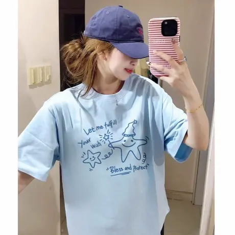 2025年新款chic设计感小众奶蓝色显白落肩纯棉短袖t恤女百搭上衣商品大图