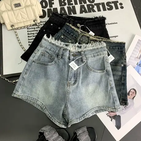 韩版毛边两粒扣牛仔短裤女2024夏季新款辣妹热裤高腰包臀弹力短裤商品大图