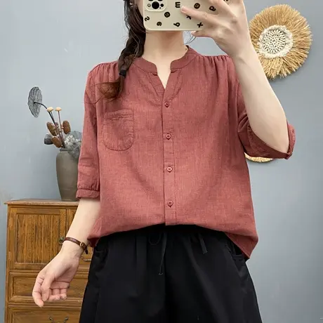 夏季文艺小清新千鸟格子纯棉双层纱中袖衬衫女宽松休闲五分袖上衣商品大图