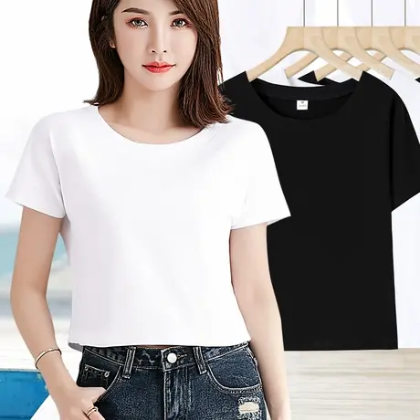 纯棉圆领短款短袖t恤女修身夏季新款小个子百搭洋气时尚减龄上衣图片