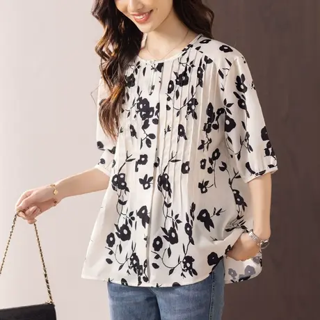 雪纺衫女短袖夏季新款宽松加肥加大码中年妈妈高级感印花小衫上衣商品大图