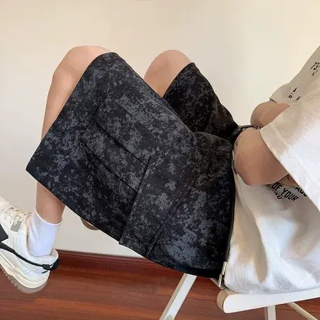 美式复古短裤男夏季2025新款晕染大口袋休闲宽松直筒阔腿五分裤子商品大图