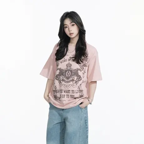 YEP2025新款夏季潮酷ins风设计感印花T恤女短袖纯棉宽松半袖上衣图片