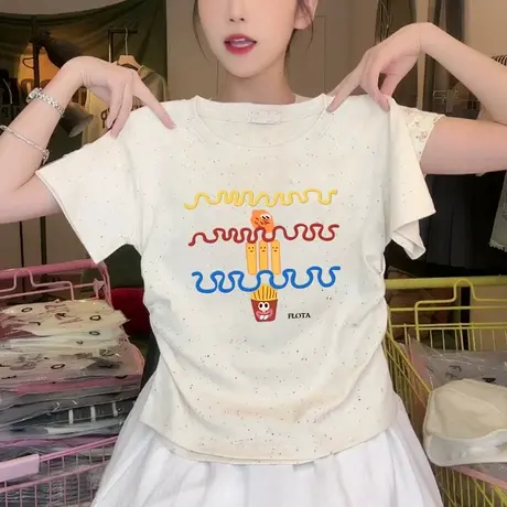 圆领彩虹波点修身短袖t恤女新款夏季正肩短袖褶皱收腰高级感上衣图片