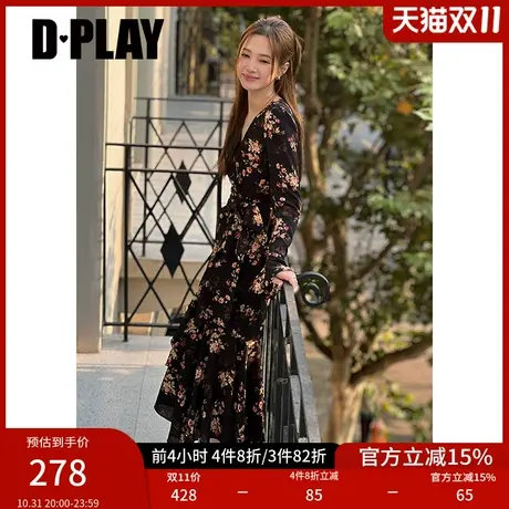 DPLAY2023秋新法式暗夜繁花茶歇裙V领泡泡喇叭袖连衣裙印花裙图片