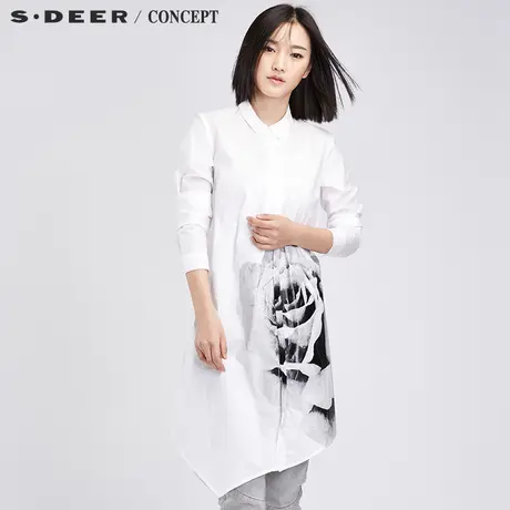sdeer圣迪奥白色衬衫 女装写意水墨印花斜摆衬衫S16380583图片