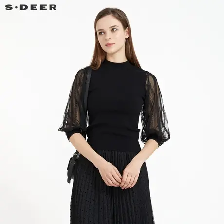 sdeer圣迪奥春秋装复古圆领镂空蕾丝修身针织衫女S21183510图片