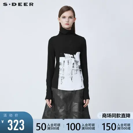 sdeer圣迪奥2021冬季新品个性高领印花黑色针织打底T恤S21480203图片