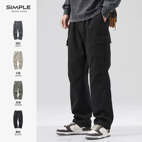 hansca黑色纯棉工装裤男2024秋冬款宽松直筒加绒加厚多口袋休闲裤商品大图