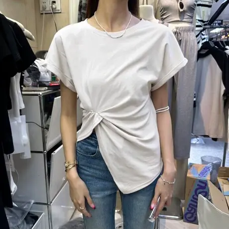 不规则短袖T恤女夏装百搭韩版宽松半袖内搭打底衫开叉下摆上衣潮商品大图