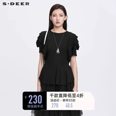 sdeer圣迪奥夏复古圆领不规则上衣设计感小众女短袖T恤S22280196图片