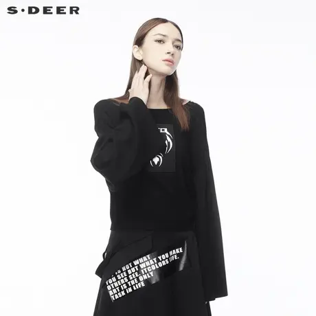 sdeer圣迪奥女装撞色神秘图案装饰设计感袖子短款针织衫S18483595图片