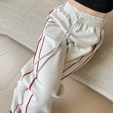 灰色条纹运动裤女2025夏季薄款高腰垂感休闲宽松直筒束脚阔腿卫裤商品大图
