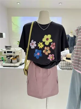 小花图案夏季小众慵懒薄款凉爽宽松显瘦短袖T恤女韩系半袖上衣商品大图