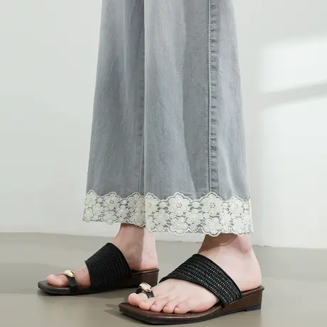 莱赛尔天丝蕾丝边牛仔裤女夏季薄款宽松灰色小个子九分阔腿直筒裤商品大图