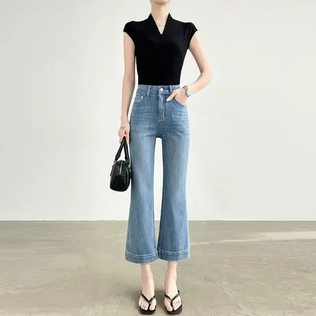 蓝色九分微喇牛仔裤女夏季薄款高腰显瘦八分小个子弹力修身喇叭裤图片