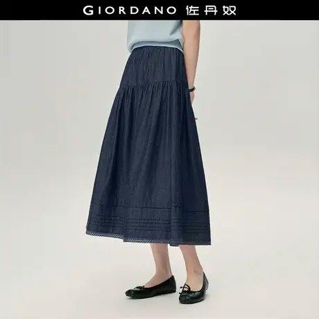 设计师款佐丹奴牛仔半身长裙女蕾丝花边半松紧腰薄款裙子18465219商品大图