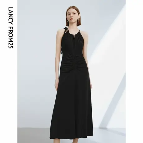 朗姿法式设计感无袖挂脖礼服裙气质吊带连衣裙2024夏季新款小黑裙商品大图