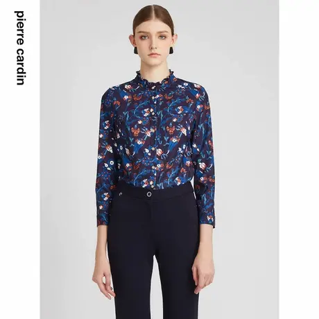 【皮尔卡丹女装】2024年新款通勤法式淑女荷叶边碎花衬衫商品大图