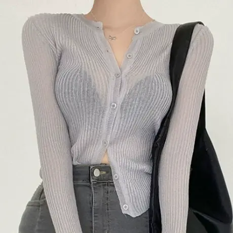 2023新款韩版薄款单排扣V领长袖针织防晒开衫女修身性感t恤打底衫图片