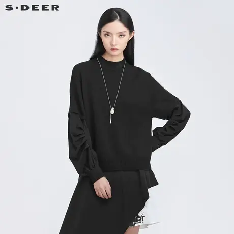 sdeer圣迪奥2022春季新款罗纹圆领拼接灯笼袖针织衫女S22163502📣商品大图