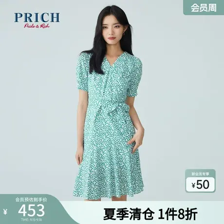 PRICH连衣裙新款气质优雅收腰V领纯棉设计感小众碎花裙子商品大图