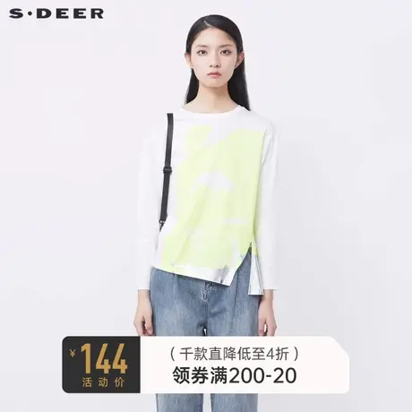 sdeer圣迪奥女装春秋装圆领撞色印花不规则开衩长袖T恤S21380203🧥商品大图