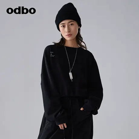 odbo/欧迪比欧原创设计简约圆领刺绣短款抽绳卫衣女夏季新款商品大图