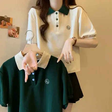 正肩polo领短袖t恤女夏季韩版宽松显瘦大码女装胖mm假两件上衣服图片