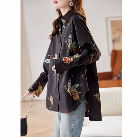 宝诗黎中长款重工刺绣宽松衬衫2025春季气质通勤百搭棉质衬衣女图片