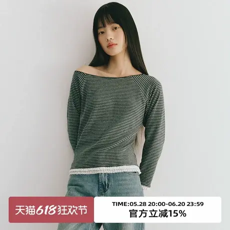 omont蛋挞家复古一字领条纹长袖T恤2025春修身漏肩显瘦打底衫上衣商品大图