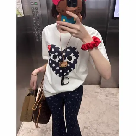 圆领夏季波点爱心印花短袖t恤女上衣2025新款纯棉百搭宽松休闲潮商品大图