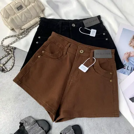 2024秋雅丹风咖色牛仔短裤高腰显瘦气质百搭新款弹力包臀阔腿短裤商品大图