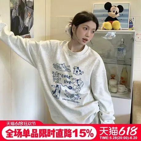 ulzzang韩系可爱风花灰色圆领卫衣女甜妹日常穿搭秋冬加绒款上衣商品大图