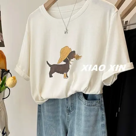 穿靴子的狗狗 韩国减龄卡通印花短袖T恤女 2025春夏简约休闲上衣图片