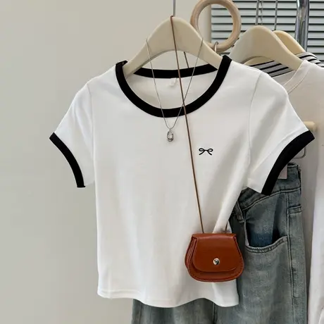 蝴蝶结刺绣撞色圆领短袖T恤女夏季韩版修身打底衫内搭短款上衣服商品大图