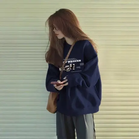 秋冬加绒正肩显瘦卫衣女欧美胖mm大码女装宽松加厚外套ins潮上衣商品大图