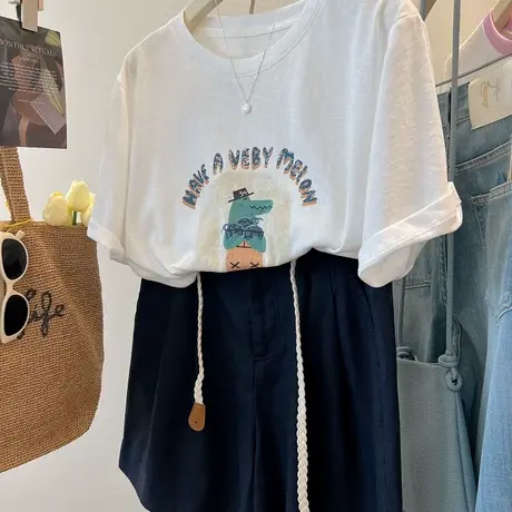 趣味卡通鳄鱼印花tee！韩系减龄撞色字母凉爽舒适雪花棉短袖T恤女商品大图