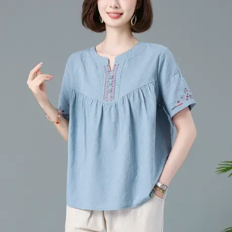 短袖t恤女夏季新款宽松加肥加大码中年妈妈纯棉文艺百搭休闲体恤图片