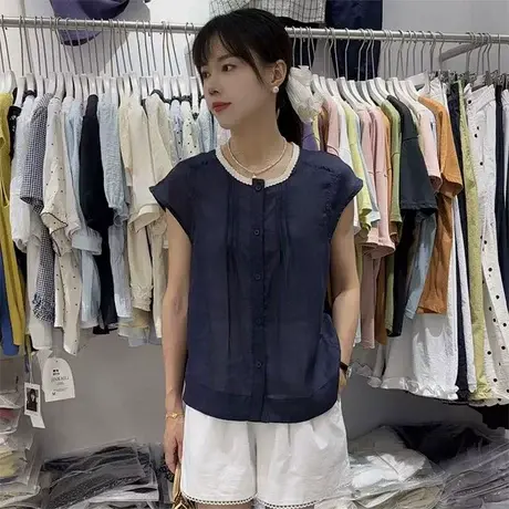 撞色圆领飞袖薄款衬衫女2025夏季新款洋气显瘦小衫舒适透气上衣潮图片