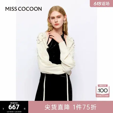 100%绵羊毛 可可尼COCOON2024秋冬新款手工钉钻通勤针织衫罩衫女商品大图