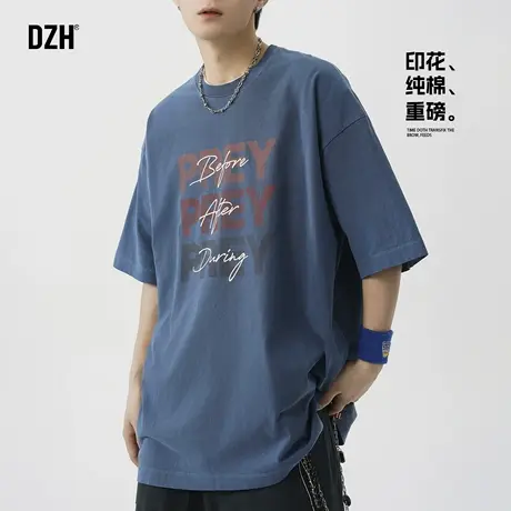 男士蓝色重磅t恤男纯棉夏季潮牌2025新款圆领半袖上衣百搭体恤衫商品大图