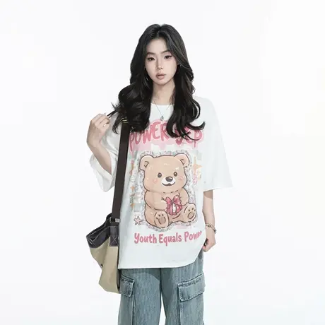 YEP2025新款夏季潮萌小熊印花T恤女宽松短袖ins学院风半袖上衣图片