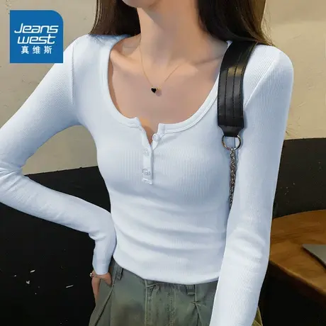 KWV真维斯长袖t恤2025新款女春秋修身u领开扣修身短款内搭上衣女商品大图