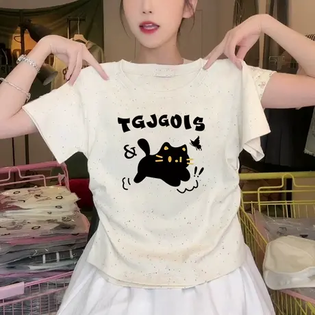 圆领甜美风褶皱收腰短款t恤女新款夏季彩虹波点洋气短袖正肩上衣商品大图